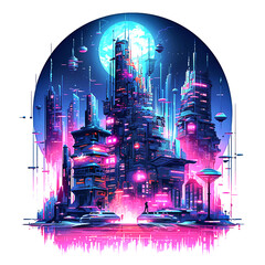 A futuristic skyscraper vector art with cyberpunk elements.