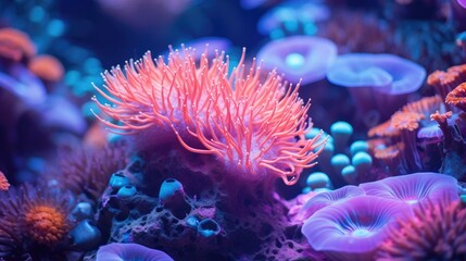 Fototapeta na wymiar Close-up photo of coral reef background Bright neon coral reefs, sea anemones and sea plants