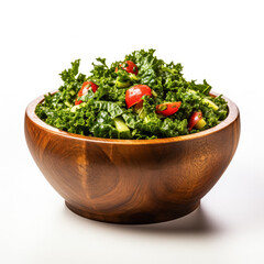Fototapeta Chopped fresh kale salad in a wooden bowl isolated on a white background  obraz