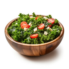 Chopped fresh kale salad in a wooden bowl isolated on a white background 