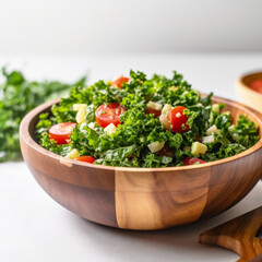 Fototapeta Chopped kale salad in a rustic wooden bowl on white background  obraz
