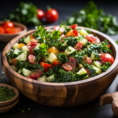 Fototapeta Chopped kale salad in a rustic wooden bowl on white background  obraz