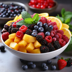 Fototapeta Colorful assortment of fresh fruits tossed together in a white bowl  obraz