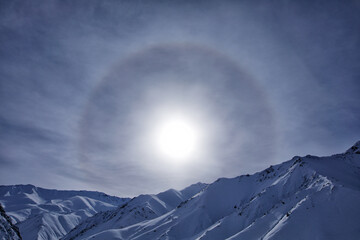 Halo efect in the mountain, witnter with snow in Himalayas. Landscape on Hemis NP, Kashmir in...