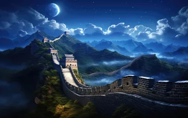 Peel and stick wallpaper Chinese wall Breathtaking scene with the Great Wall winding along the northern border of China, stretching far into the distance along the mountain range, illuminated by the moonlight of the night. Generative AI
