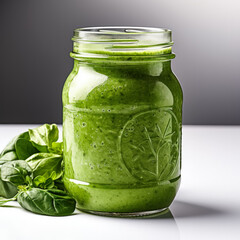 Fresh organic green smoothie in a jar isolated on white backdrop 