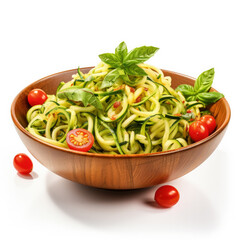 Freshly made zucchini spaghetti (zoodles) in a bowl garnished with cherry tomatoes and basil leaves isolated on a white background 