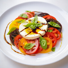 Vivid Caprese salad with fresh ingredients presented elegantly on a white canvas 