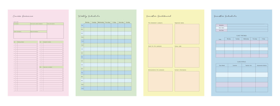 (Pastel) Semester Planner, course overview, weekly schedule planner. 