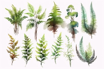 Watercolor-style collection of fern and moss, isolated on transparent background for design layouts. Generative AI