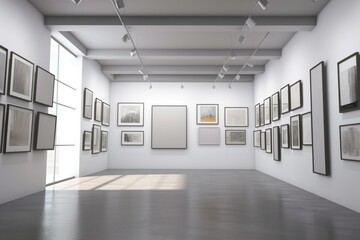 Art gallery with hanging frames - 3d rendering. Generative AI
