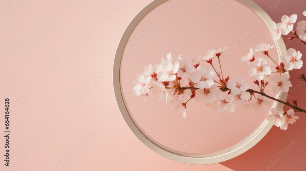 Wall mural A mirror with a branch of a cherry blossom in it. Generative AI.