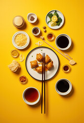 a plate of food with chopsticks and sauce on yellow background