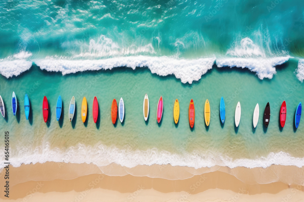 Poster a group of surfboards lined up in a row on the beach. generative ai.