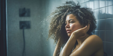 Intimate glimpse of a woman treating her frizzy hair with shampoo in the bathroom. - obrazy, fototapety, plakaty