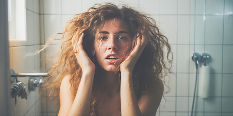 Vibrant woman washing her frizzy hair in the bathroom. - obrazy, fototapety, plakaty