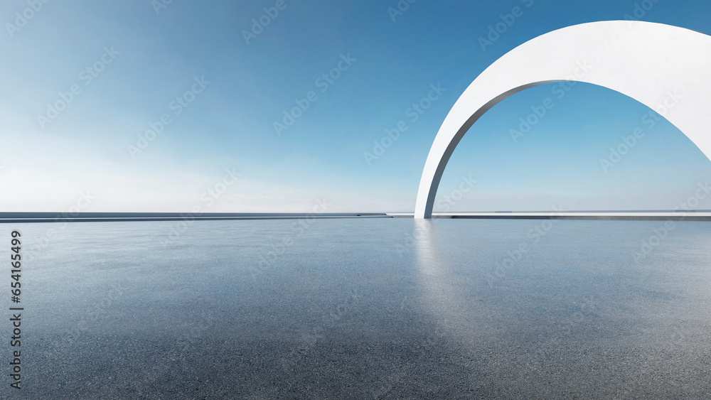 Poster 3d render of abstract futuristic architecture with empty concrete floor. Scene for car presentation.