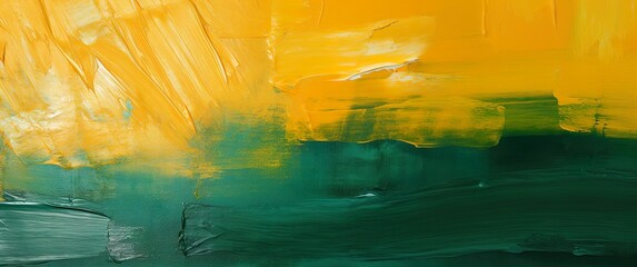 Abstract artistic green and yellow painting texture. Closeup of oil acrylic brushstrokes on canvas.