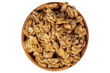 Walnut in wood bowl. Walnut peeled isolated on white background. Top view