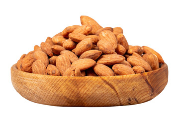 Almond in wood bowl. Roasted almonds isolated on white background