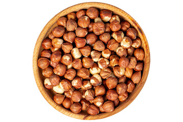 Hazelnuts in wood bowl. Hazelnut kernel isolated on white background. Top view