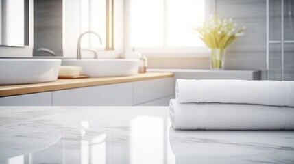 Fototapeta na wymiar Towels placed in a white bathroom.