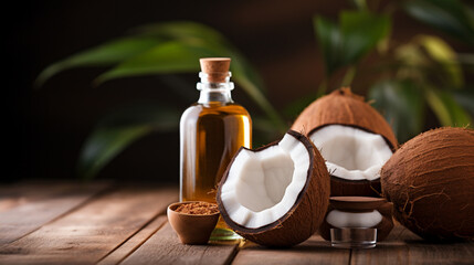 Obraz na płótnie Canvas A coconut shell with coconut oil on wooden table