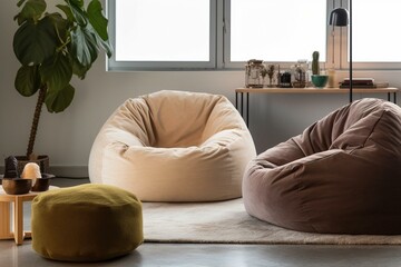 Enjoy relaxation in a comfortable beanbag chair inside a warm living space. Generative AI