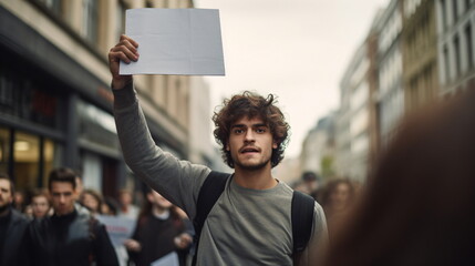 A political activist protesting holding a blank placard sign banner at a protest. Young political activist holding aloft a blank banner, inviting interpretation for protest. Generative ai - obrazy, fototapety, plakaty