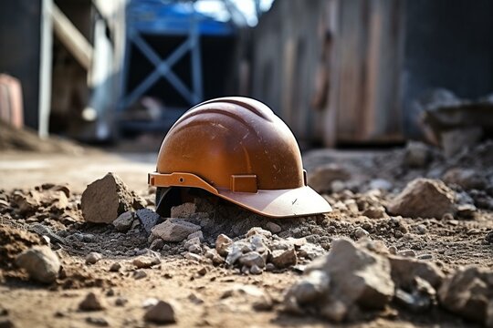 helmet placed on stone floor in construction site. Generative AI