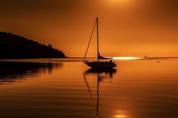A peaceful coastal scene with a sailboat entering a harbor at sunset, its silhouette mirrored on the serene sea. Generative AI
