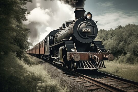 Image of a classic steam locomotive pulling a train. Generative AI