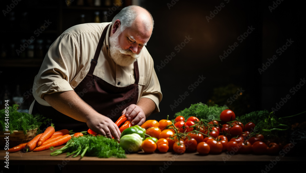 Poster obese manager chopping vegetables for salad background with empty space for text