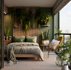 balcony design for the master bedroom, including a small kitchen, a green wall with a wiker and wooden theme