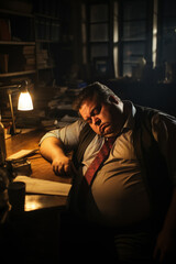 Fototapeta na wymiar Exhausted overweight manager burning midnight oil in dim-lit office 