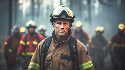 Portrait of a confident serious man looking at the camera. Standing in the forest during a forest fire, in front of a team of firefighters.