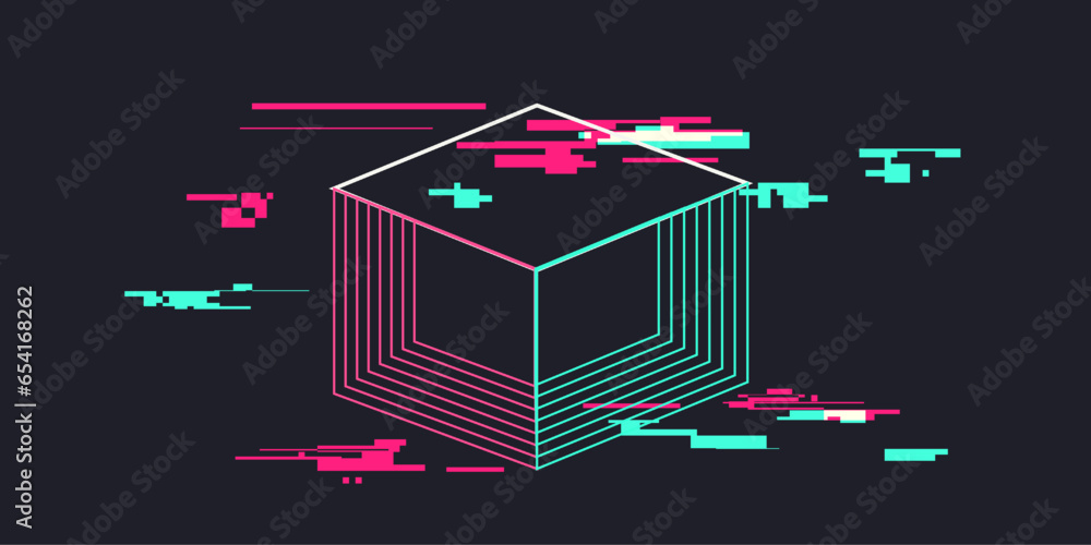 Poster abstract line of data cube with glitch effect, neon pibk and cyan color concept illustration