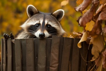 Raccoon peeks from trash can in fall. Generative AI - obrazy, fototapety, plakaty