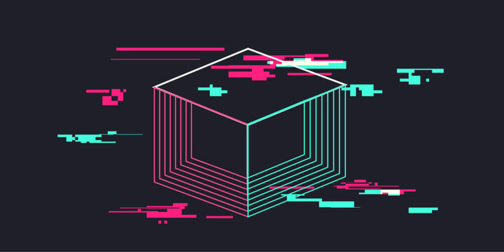 Abstract Line of Data Cube with Glitch Effect, Neon Pibk and Cyan Color Concept Illustration