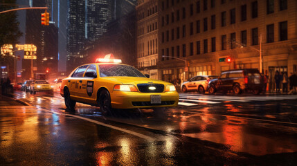 Fototapeta premium A taxi through the city streets on a quiet autumn night