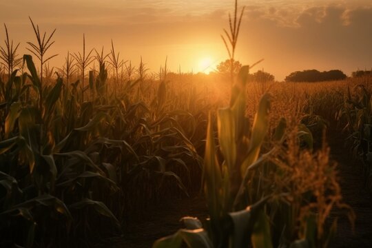 A captivating view of a beautiful corn field illuminated by the golden rays of a setting sun. Generative AI