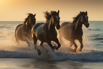 Three majestic horses running on the ocean. Generative AI