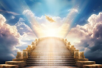 Stairs to heavenly gate for reward, success and happiness. Elevate inclusiveness for glorious end. Generative AI - obrazy, fototapety, plakaty