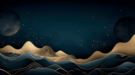 The moon or the sun in in a mountain line art texture with black, gold and white colors. Simplistic background texture or wall art.