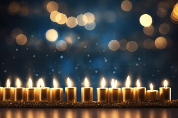 Lit candles at the Hanukkah festival of lights on a blue background.
