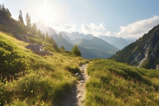 Sunny mountain valley with trail. Generative AI