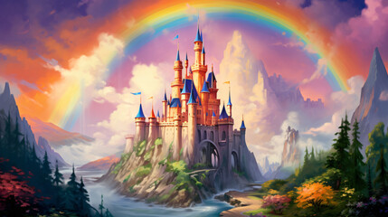 A painting of a castle with a rainbow in the background