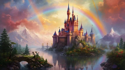Fotobehang A painting of a castle with a rainbow in the background © Mishu