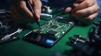 Close-up of a mobile phone repairman using a soldering iron. Integrated circuit.