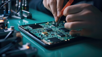 Close-up of a mobile phone repairman using a soldering iron. Integrated circuit. - obrazy, fototapety, plakaty